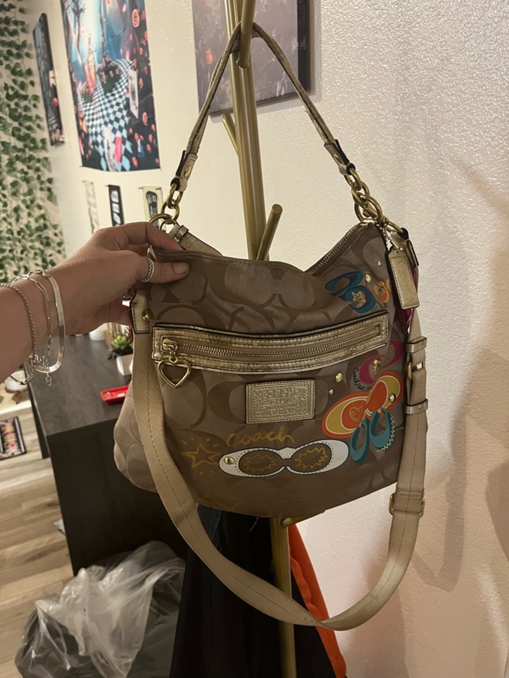 Coach Brown Signature Canvas Shoulder Bag with Colorful Floral Patches